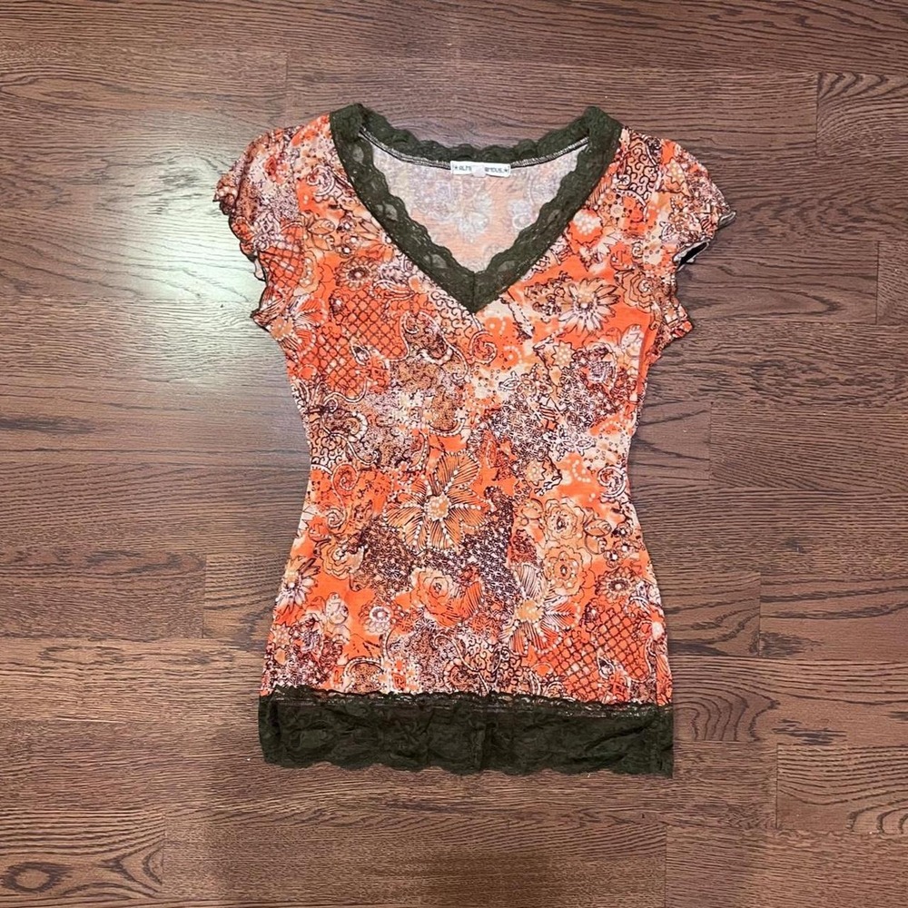 Y2K Orange & Green Paisley Floral Lace Trim Top Medium